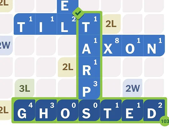 Screenshot of a Crossplay board and a 103 point word.